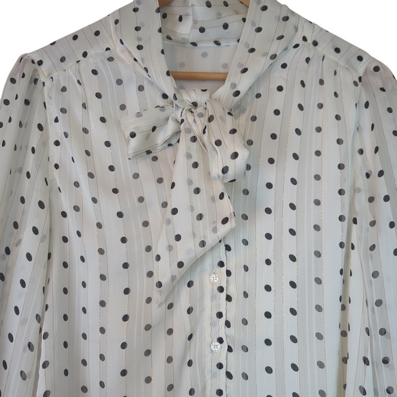 Vintage 70s Polka Dot Striped  Neck Tie Blouse Sheer Secretary Top - Picture 5 of 13